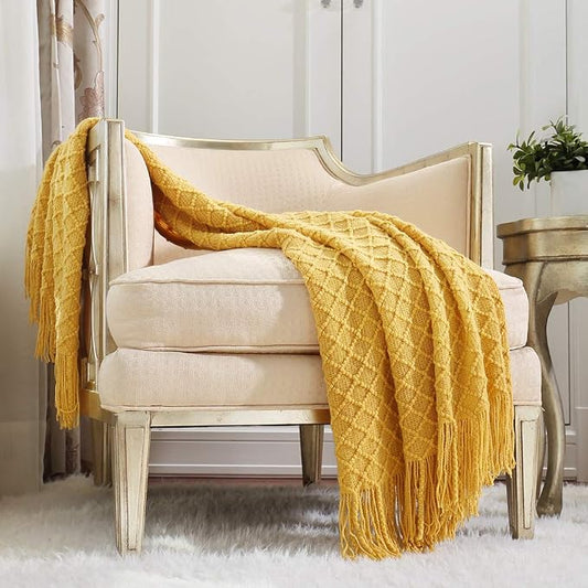 CREVENT Farmhouse Boho Knitted Throw Blanket for Couch Sofa Chair Bed Home Decoration, Soft Warm Cozy Light Weight for Spring Summer Fall (60''X80'' Mustard)