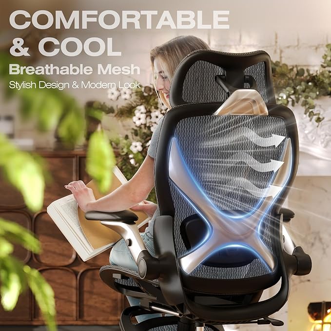 ELABEST X100 Ergonomic Mesh Office Chair with Footrest, Big and Tall Hone Desk Chair with 5D Flip-Up Arms, Adjustable 3D Lumbar Support,Gaming & Executive Computer Chairs