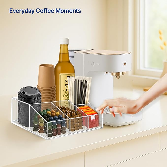 Acrylic Coffee Bar Station – Snack Tea Organizer & Storage Holder for Office Coffee Table – Perfect Countertop Setup for Syrup, Creamer, Condiment and Snack Accessories