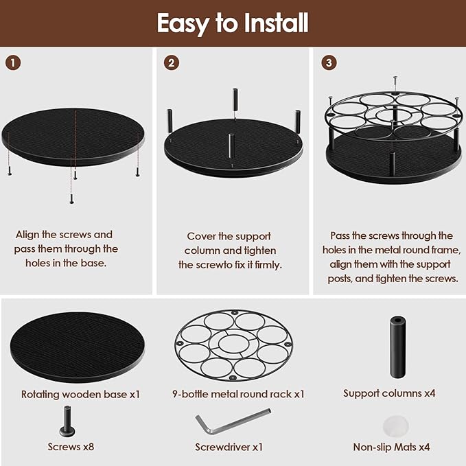 Nuovoware 9 Bottles Rotating Coffee Syrup Rack, Syrup Rack Organizer Carbon Steel Frame with Wooden Base Bottle Holder for Coffee Flavored Syrups Table Top Thermos Liquor, Black+Black