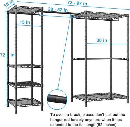 Ulif E10 Clothes Rack(With Stretchable Hanger Rod)Freestanding Clothing Racks for Hanging Clothes,Adjustable Closet Organizer System,Portable Garment Rack 73-97"W x 15" D x 72" H,Max Load 800LBS,Black