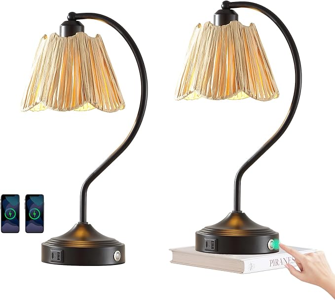 Set of 2 Vintage Small Touch Table Lamps with USB A+C Ports | 3-Way Dimmable Bedside Lamp, Retro Rattan Shade Curved Arm Desk Lamp for Bedroom Living Room Nightstand, Bulb Included
