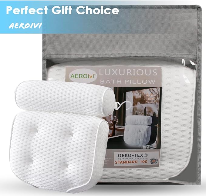AEROiVi Luxury Bath Pillows for Tub,Bath Pillow with Laundry Bag Bathtub Pillows for Head and Neck Support Bath Cushion Made from Soft Spacer Mesh Material with Suction Cups