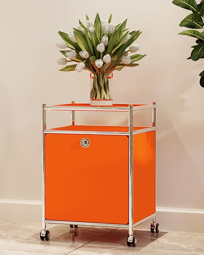 Simplink Elegant Matte Storage Cart with 22.8" Height - Perfect Side Table, Night Stand - Large Capacity with Flap Door, Detachable Wheels - Ideal for Home, Office, Bedroom, Kitchen (Orange)