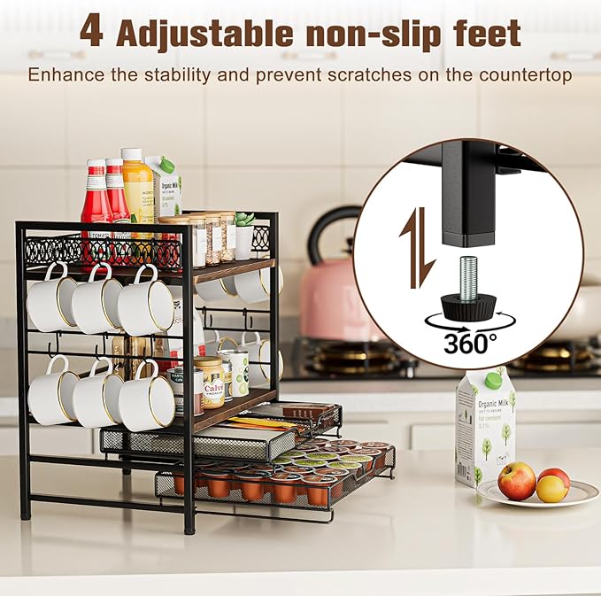 Coffee Bar Organizer, 4 Tier Coffee Station Organizer for Countertop, 30 K Cup Pod Drawer, Mug Cup Holder Stand With 12 Hooks, Multifunctional K Pods Shelf Storage Holder Drawer