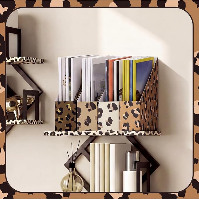 AmazingSpark Set of 4 Leopard Print Magazine Holder Decorative Foldable Magazine Storage Boxes with Acrylic Label Holders Coquettish Boho Organizer for Office Home Organization Storage