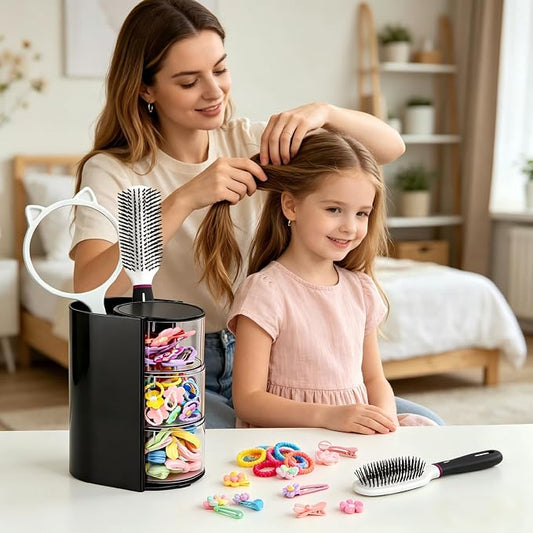 Luscinia Hair Accessories Organizer with Hair Brush Holder, Rotatable Makeup Brush and Jewelry Storage Box for Hair Clips, Earrings, Necklaces, Bracelets, Rings, and Daily Accessories (Black, 3-Layer)