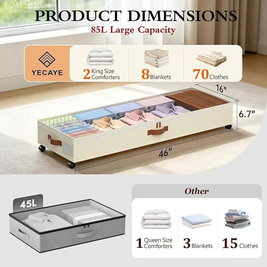 Yecaye 85 L Under Bed Storage with Wheels, 2 Pack Under Bed Storage Containers with Adjustable Dividers & Lids, Large Rolling Underbed Organizer Bins Drawers for Clothes, Shoes, Blankets Toys, Beige