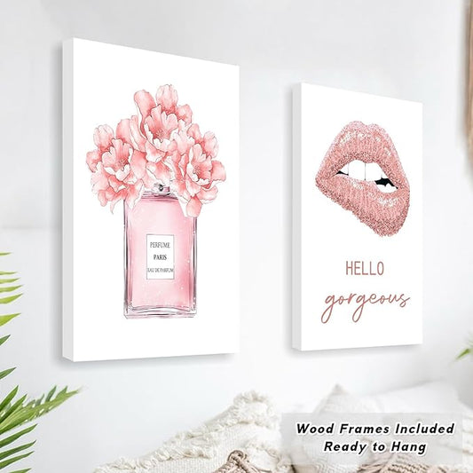 FRAMED Pink Makeup Room Canvas Wall Art, Fashion Woman Picture Wall Decor Paintings, Watercolor Perfume High Heels Lipstick Beauty Room Decor Pictures Arts for Girls Women Room Decor, (Set of 6, 12x16 in, Framed)