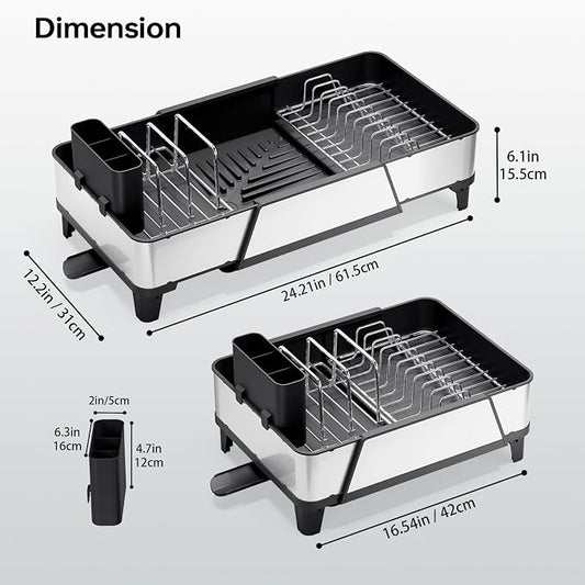 Urackify Large Dish Drying Rack - Triple Expandable Dish Rack for Kitchen Counter, Stainless Steel Sink Organization and Storage Essentials with Utensil & Pans Holder for Home and Appartment, Black