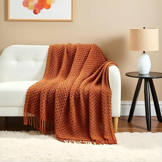 CREVENT Farmhouse Boho Knitted Throw Blanket for Couch Sofa Chair Bed Home Decoration, Soft Warm Cozy Light Weight for Spring Summer Fall (60''X80'' Caramel/Rust Burnt Orange)