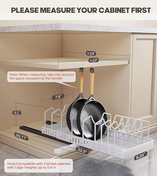 Pull Out Pots and Pans Organizer Under Cabinet, Expandable Sliding Lid Holder and Pan Rack for Kitchen, Slide Out inside Cabinet for Pot Lid, Bakeware, Dishes, 10 Adjustable Dividers, 2 Pack White