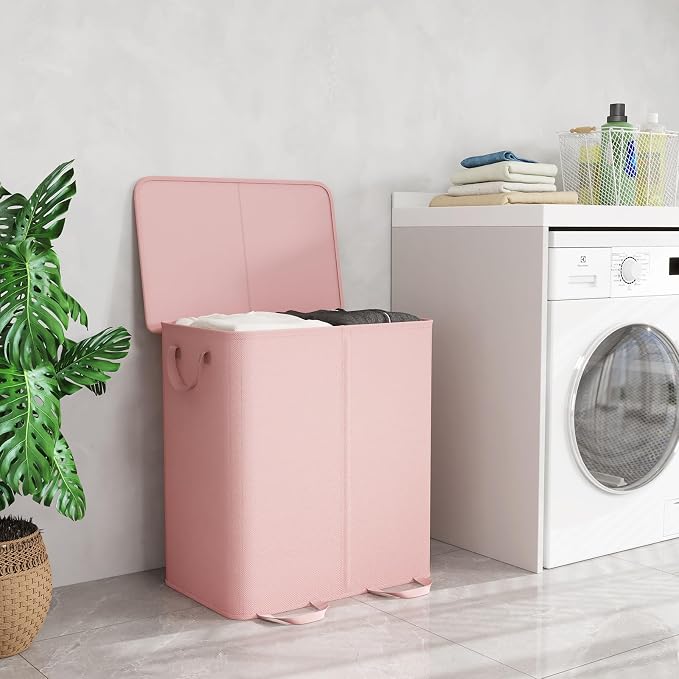 Lifewit Double Laundry Hamper with Lid and Removable Laundry Bags, Large Collapsible 2 Dividers Dirty Clothes Basket with Handles for Bedroom Laundry Room Closet Bathroom College, 155L Pink