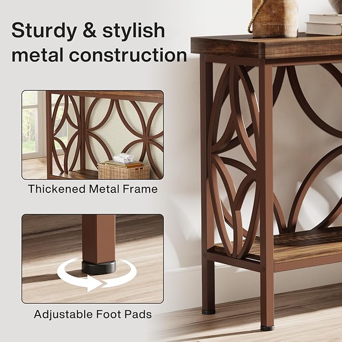 Tribesigns 70.9-Inch Narrow Sofa Table, 2-Tier Industrial Console Table Behind Couch, Long Entry Tables with Storage for Entryway, Living Room, Foyer, Hallway, Glossy Brown