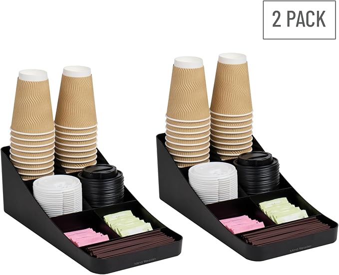Mind Reader 7-Compartment Coffee Condiment Organizer, Cup and Lid Holder, Countertop Station for Coffee Bar, Breakroom, Kitchen, Set of 2, Black