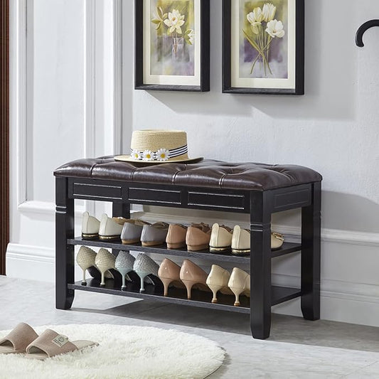 LEILISI Shoe Bench, Storage Rack Organizer with Cushion 2 Tier Lift Top Shoe Rack for Entryway Living Room Bedroom Hallway Wooden Furniture (Black, 31.5'')