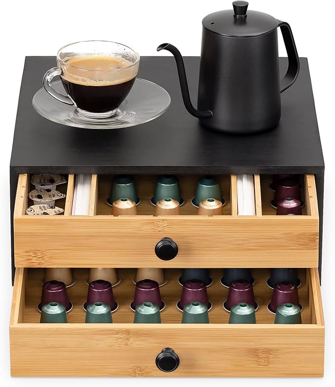 Navaris Bamboo Coffee Pod Drawer Organizer - Capsule Storage Holder Compatible with OriginalLine Capsules or Pods - 2 Drawers with Adjustable Dividers