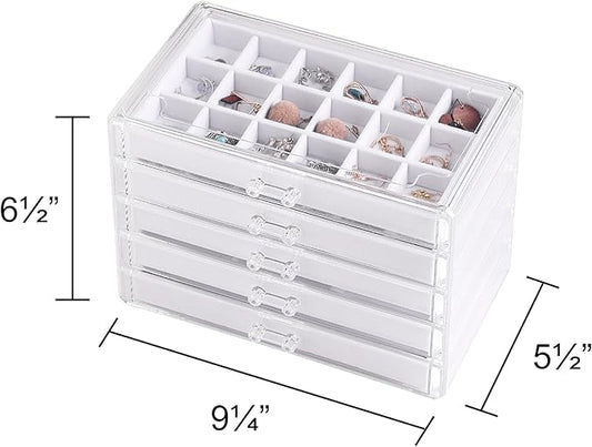 Frebeauty Acrylic Jewelry Organizer Earring Organizer Box with 5 Drawers Earring Holder Organizer with Velvet Trays Clear Jewelry Box for Women Earring Display for Rings Studs(White)