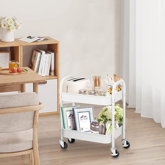 2 Tier All-Metal Rolling Cart, Rolling Storage Cart with Handle and Locking Wheels Kitchen Cart Laundry Office Bathroom Storage Organizer Cart, White