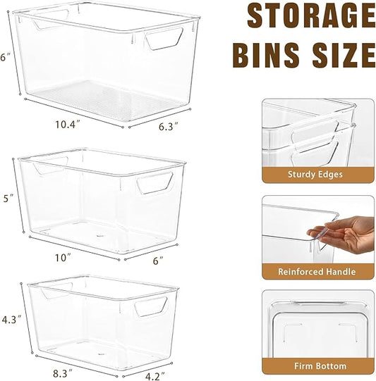 Freebat 12 Pack Organizers and Storage, Pantry Organization and Storage Bins, Cabinet Organizer, Clear Plastic Storage Containers with Handle,Acrylic Storage Bins (4 Small&4 Middle&4 Large
