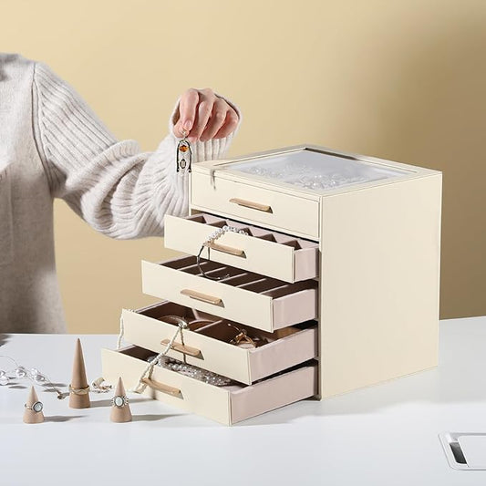 Frebeauty Clear Lid Jewelry Box,5-Layer Jewelry Organizer with Drawer,PU Leather Jewelry Organizers and Storage,Jewelry Boxes for Women,Jewelry Storage for Rings Earring Stud,Gift for Women(Beige)