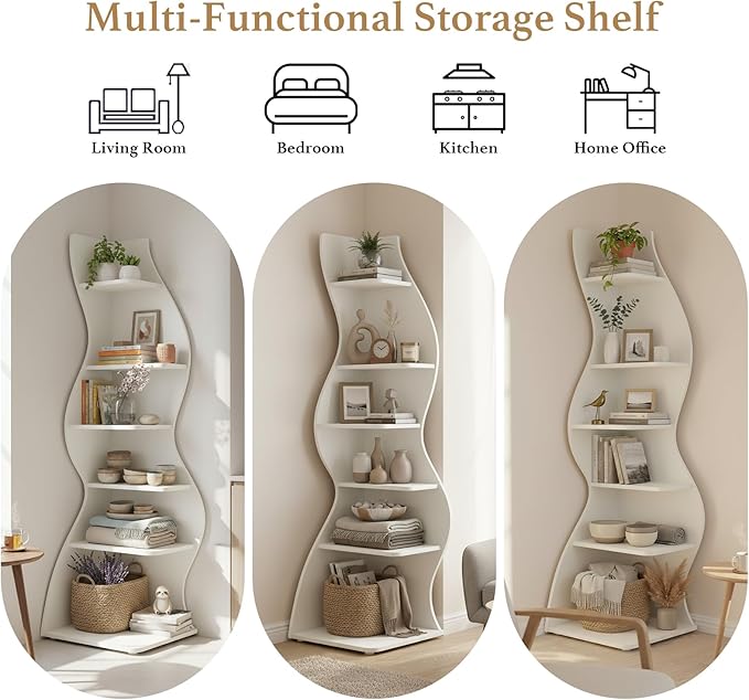 Arvolia 70 Inch Corner Bookshelf, Modern 5-Tier Small Bookshelf with Unique Curved Design, Freestanding Vertical Storage Shelf for Living Room, Bedroom or Home Office (White)