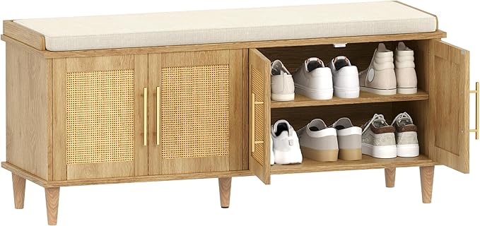 Rattan Shoe Storage Bench with Cushion, 2-Tier Entryway Bench with Adjustable Shelves and 4 Doors, 15" D x 47.2" W x 20" H, Solid Wood Legs, for Hallway, Living Room, Bedroom, Natural Oak