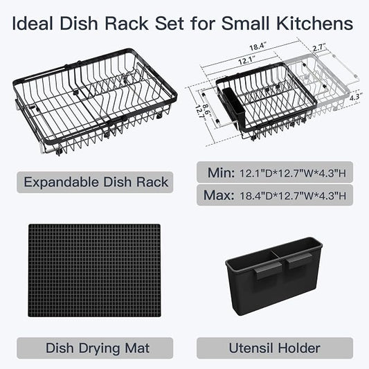 MAJALiS Dish Drying Rack Over The Sink with Utensil Holder, Mat | Expandable Stainless Steel Dish Drainer for Small Kitchen, Apartment, RV, Counter Space Saving, Perfect Fit, Rustproof