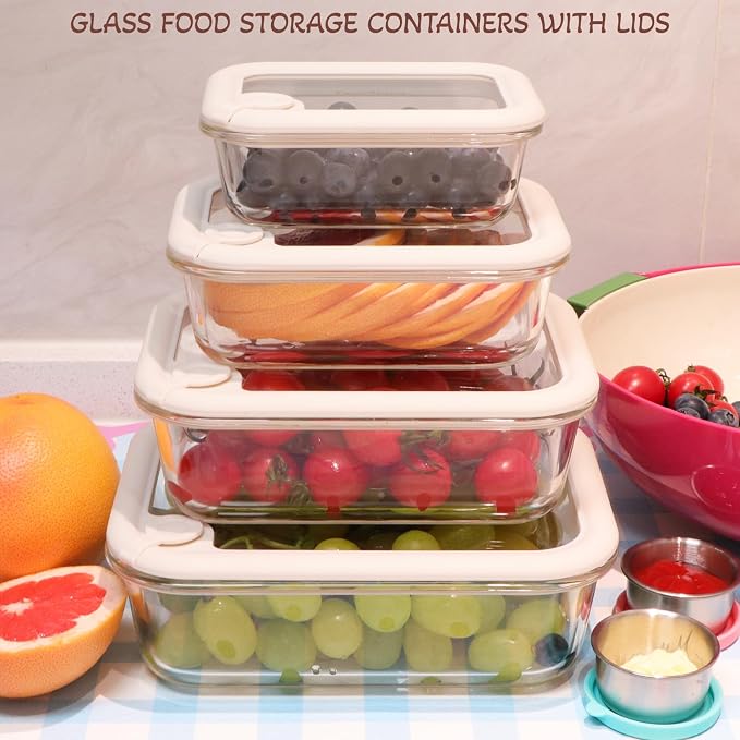 Glass Food Storage Containers with Silicone Glass Lids, Stainless Steel Salad Dressing Containers, LeakProof Food Containers Set, 4-pack 12-21-35-50 oz(White)