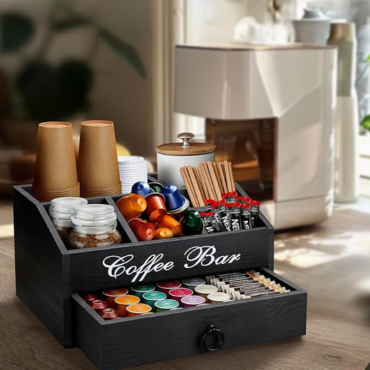 Coffee Station Organizer Pods Holder with Drawer, Farmhouse Wood Coffee Bar Accessories Decor and Tea Condiment Basket for Countertop