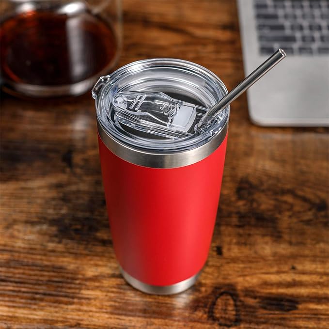 COMOOO 20oz Double Wall Vacuum Insulated Travel Mug, Stainless Steel Tumbler with Lid and Straw Durable Powder Coated Insulated Coffee Cup for Cold & Hot Drinks (red,12 pack