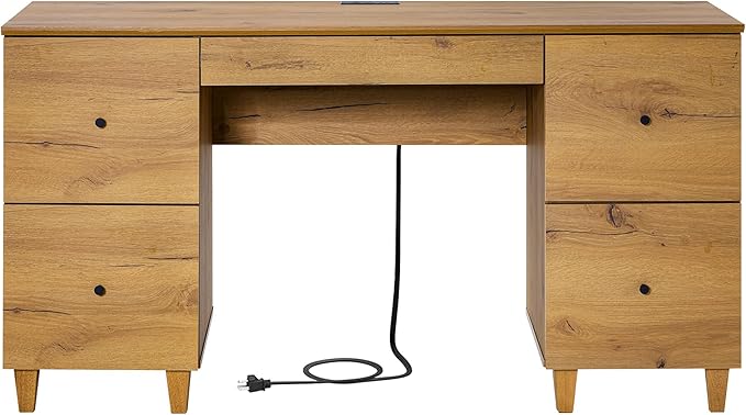 WAMPAT Executive Desk with 4 Deep Drawers, 58 Inch Modern Wooden Office Desk with Charging Station & Keyboard Tray, Home Office Large Computer Desk, Work & Study Writing Desk, Oak Brown