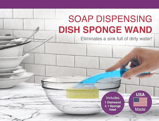 Arrow Dish Sponge w/Soap Dispenser Handle - Fillable Dish Wand for Quick, Convenient Cleaning - Easy to Refill - Built-In Scrubber for Dishes & Pans