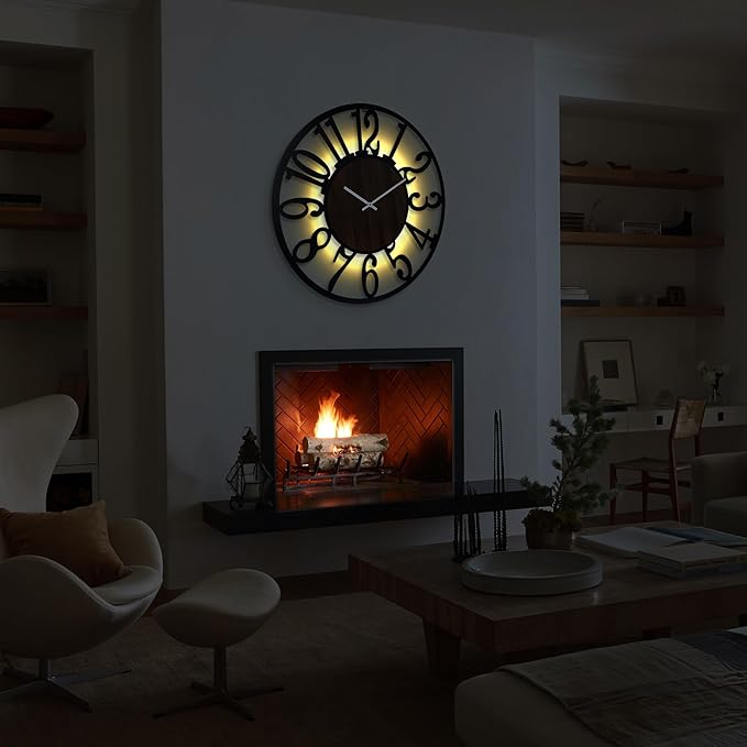 30'' Large Silent Wall Clock with Night Light, Glow in The Dark Decorative Wall Clock Battery Operated, Rustic Modern Metal & Wood Clocks for Bedroom Living Room Decor, Arabic Numerals