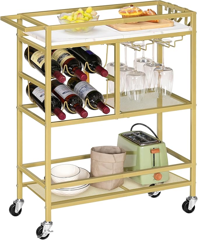 Bar Cart for Home, 3-Tier Serving Cart with Wheels and Handle, Beverage Cart with Wine Rack and Glass Holders, Rolling Wine Cart for Kitchen, Dining Room, Gold and White RCJM6101