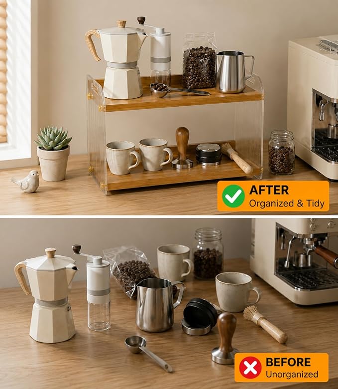 2 Tier Coffee Station Organizer - Acrylic & Pine Wood coffee bar shelf, Easy-to-Clean matcha station for Kitchen Countertops, for Placing Mugs, Coffee Beans, Syrup, Cups etc.(15.75" x6.18" x 9.37")