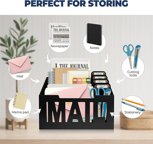 Mail Organizer Countertop – Black Holder for Desk with 4 Slots & Label Tags, Decorative Desktop Sorter, Bill Storage and Envelope Tray for Organized Home Office Accessories (11x7x8 in)