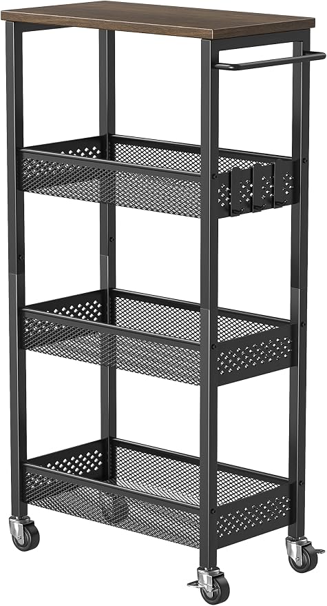 XYZLVSI Slim Storage Cart 4 Tier Fruit and Vegetable Baskets for Kitchen Small Space, Narrow Laundry Cart on Wheels with Wooden Top and Metal Handle for Pantry, Bathroom, Laundry Room