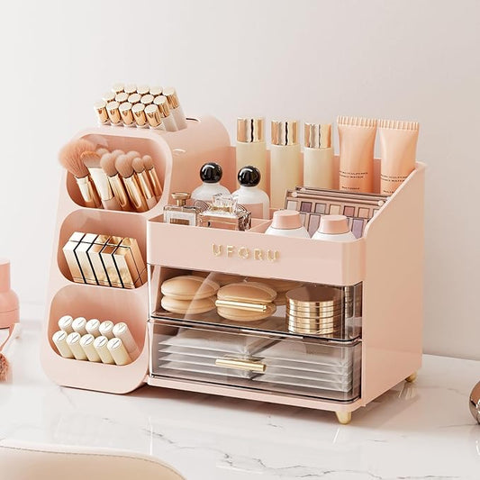 Makeup Organizer for Vanity with Brush Holder, Countertop Skincare Organizer with 2 Drawers, Spacious Cosmetic Display Case for Perfumes, Eyeshadow Palettes, Nail Polishes