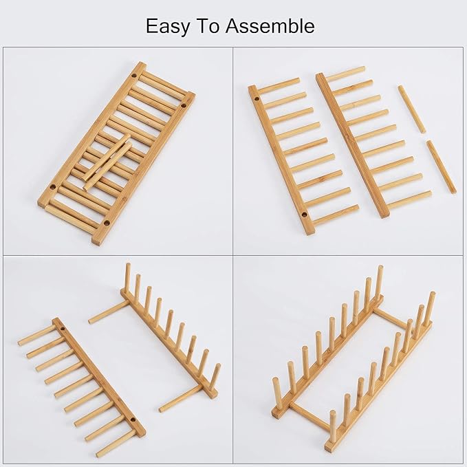 HBlife 2pcs Bamboo Dish Plate Bowl Cup Book Pot Lid Cutting Board Drying Rack Stand Drainer Storage Holder Organizer Kitchen Cabinet(Keep Dry)