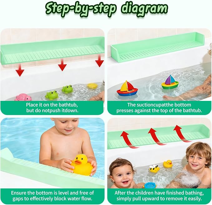 Bathtub Splash Guard for tub Kids& Bath Shelf for Kids – Toddler Bath Tray, Bath Toys Storage & Ledge Organizer – Splash Guard for Bathtub with Suction Cups – Kids Bathroom Accessories(2.6FT, Green)