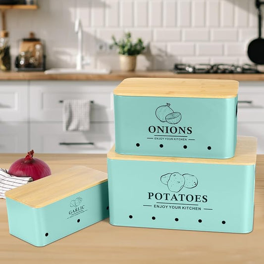 Kitchen Vegetable Storage Set of 3, Metal Onion Garlic Potato Storage Set, Kitchen Canisters Vegetable Keeper Containers with Aerating Holes and Bamboo Lid,Blue
