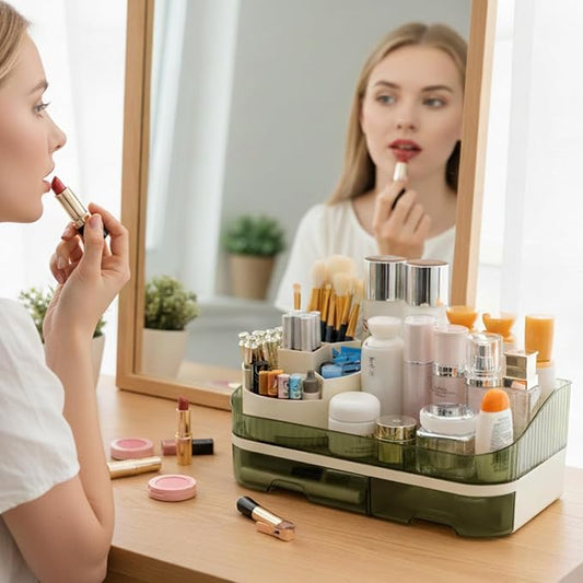 Makeup Organizer with Dual Drawers - Large Capacity Countertop Cosmetic Storage for Skincare Vanity Bathroom