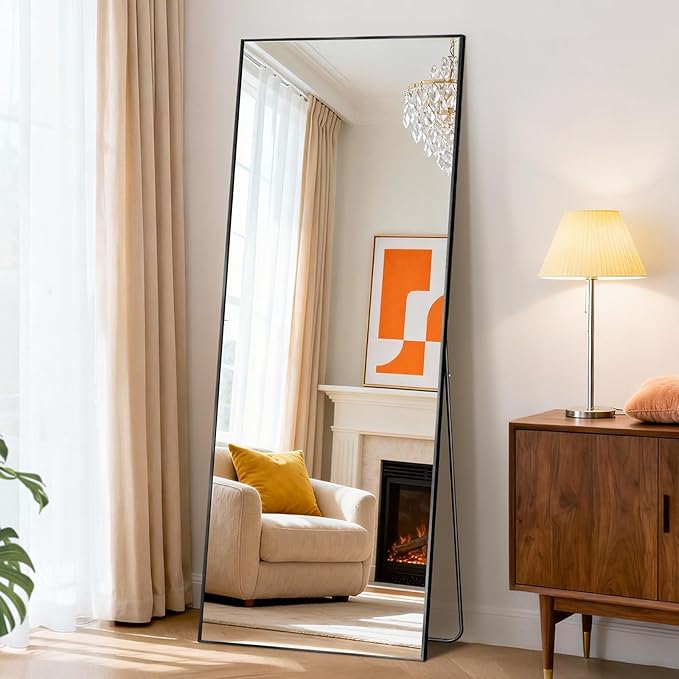 NEWBULIG Mirror Full Length, 58"x19" Body Wall Mirrors with Shatter-Proof Glass, Upgraded Floor Standing Mirror, Hanging or Leaning, with Stand Aluminum Alloy Frame for Home Decor, Bedroom, Black