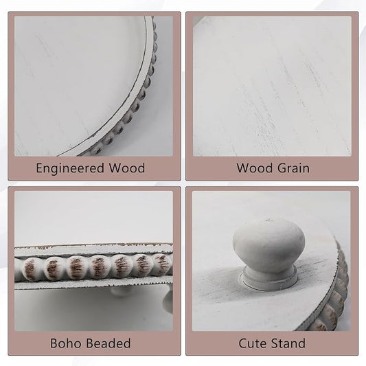 FramePro Decorative Tray 12in Round Wood Beaded - Rustic White Serving Tray Risers for Living Room, Coffee Table, Kitchen or Farmhouse Display