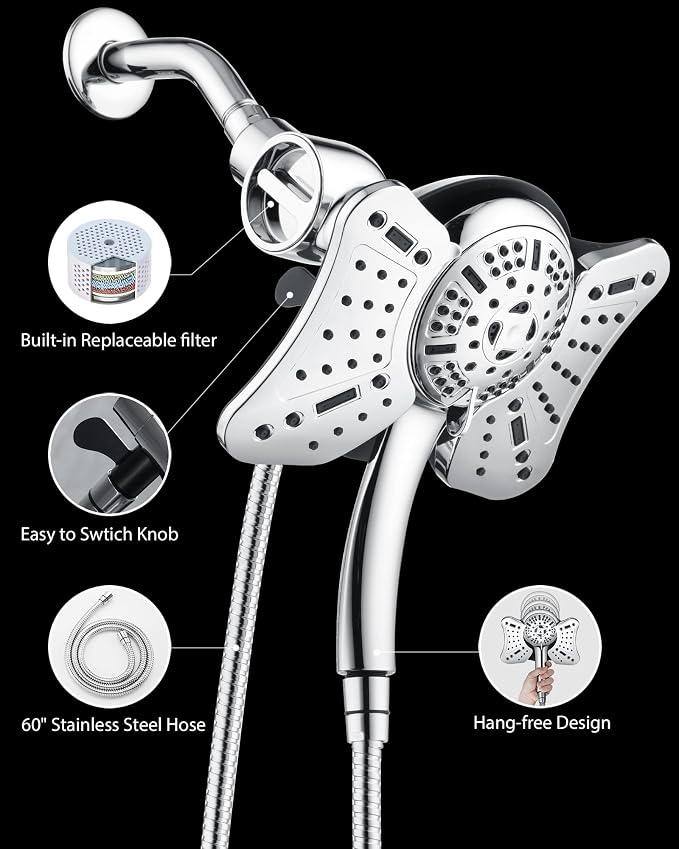 GRICH 2.5GPM Shower Head with Handheld Spray Combo: 2 in 1 Rainfall Shower Heads high pressure & Handheld Shower Head, 9 Spray Modes/Settings Detachable Shower Head with 60 Inch Hose, Chrome Filtered