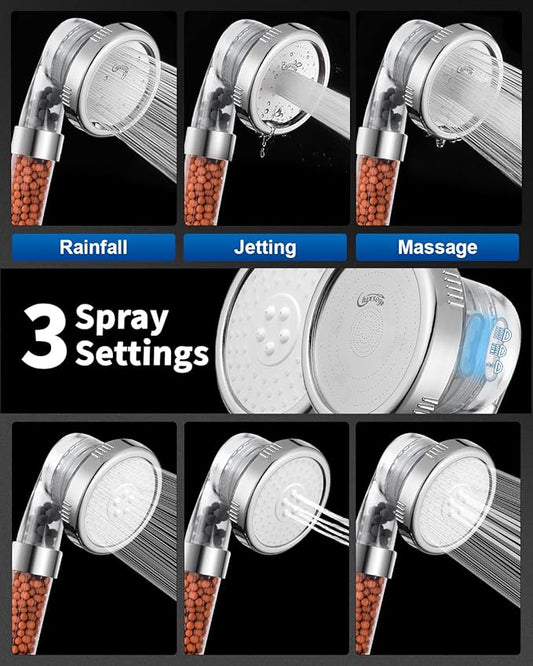 Filtered Shower Head for Hard Water, High Pressure 3 Modes Shower Heads with Handheld Spray, Water Softener Showerhead Set with Mineral Beads to Remove Chlorine & Fluoride for Dry Hair & Skin