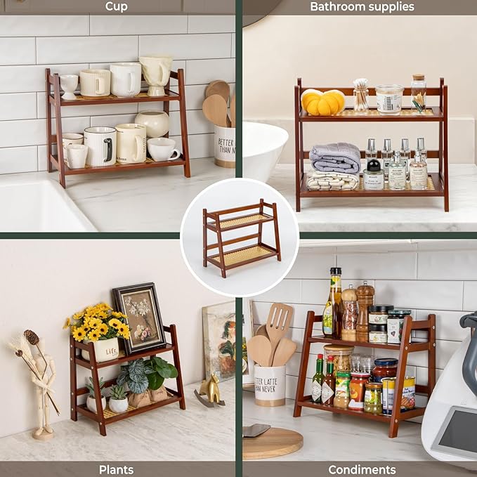 ANBOXIT Rattan-Look Matcha Station Organizer, Countertop Bamboo Tea & Coffee Accessories Station Organizer, 2 Tier Mug Holder Display Stand for Kitchen Condiment, Home, Office - Brown