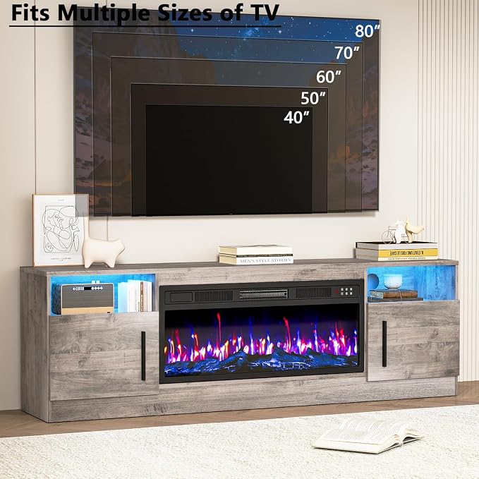 PRETZI Fireplace TV Stand with 36" Fireplace Up to 80" TVs, 70" Entertainment Center with LED Lights, Remote Control, TV Media Console with Storage Cabinets for Living Room, Gray