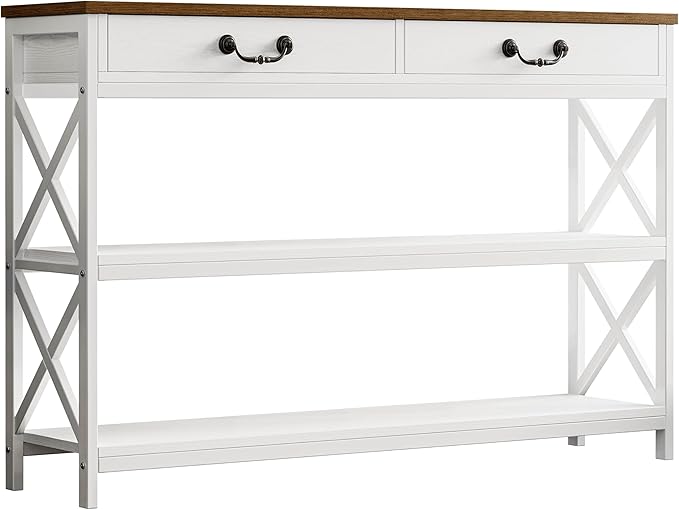IRONCK Farmhouse Console Table, Sofa Table with Drawer, Narrow Long Entry Table with 2 Shelf for Entryway, Living Room, Hallway, White/Walnut